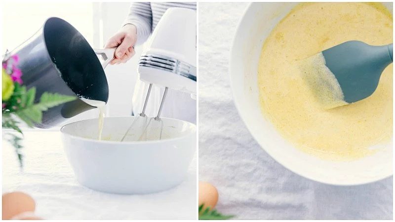 The base egg mixture being heated and added to a bowl to be mixed.