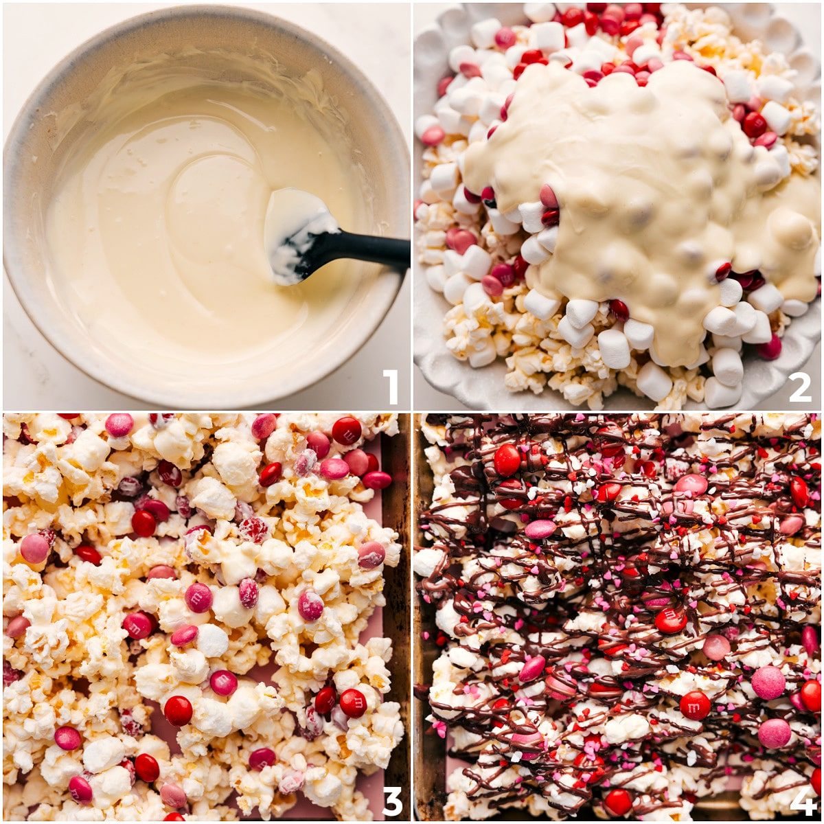 The white chocolate being melted and then poured over the mix of popcorn, marshmallows, and M&M's for this Valentine's popcorn.