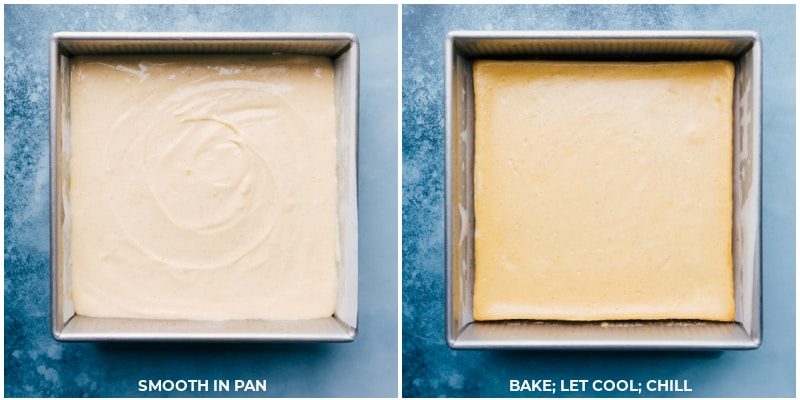Images of the vanilla cheesecake bars being baked