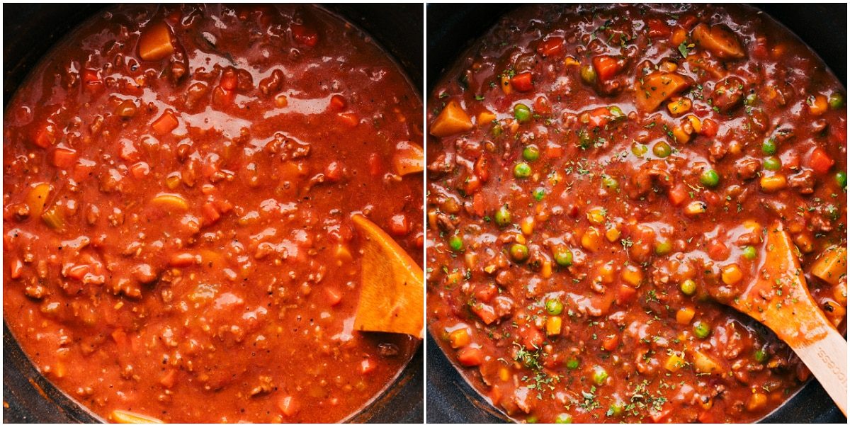 All the ingredients simmering together to make a thick, satisfying, and flavorful soup recipe.