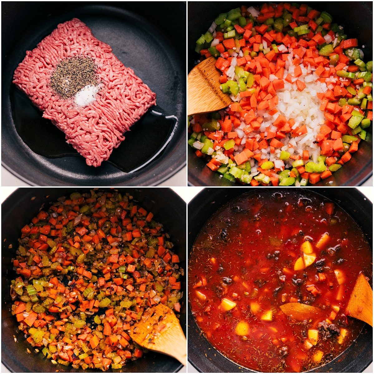 Beef seasoned and browned in a pot, then removed while vegetables are sautéed for this vegetable beef soup recipe.