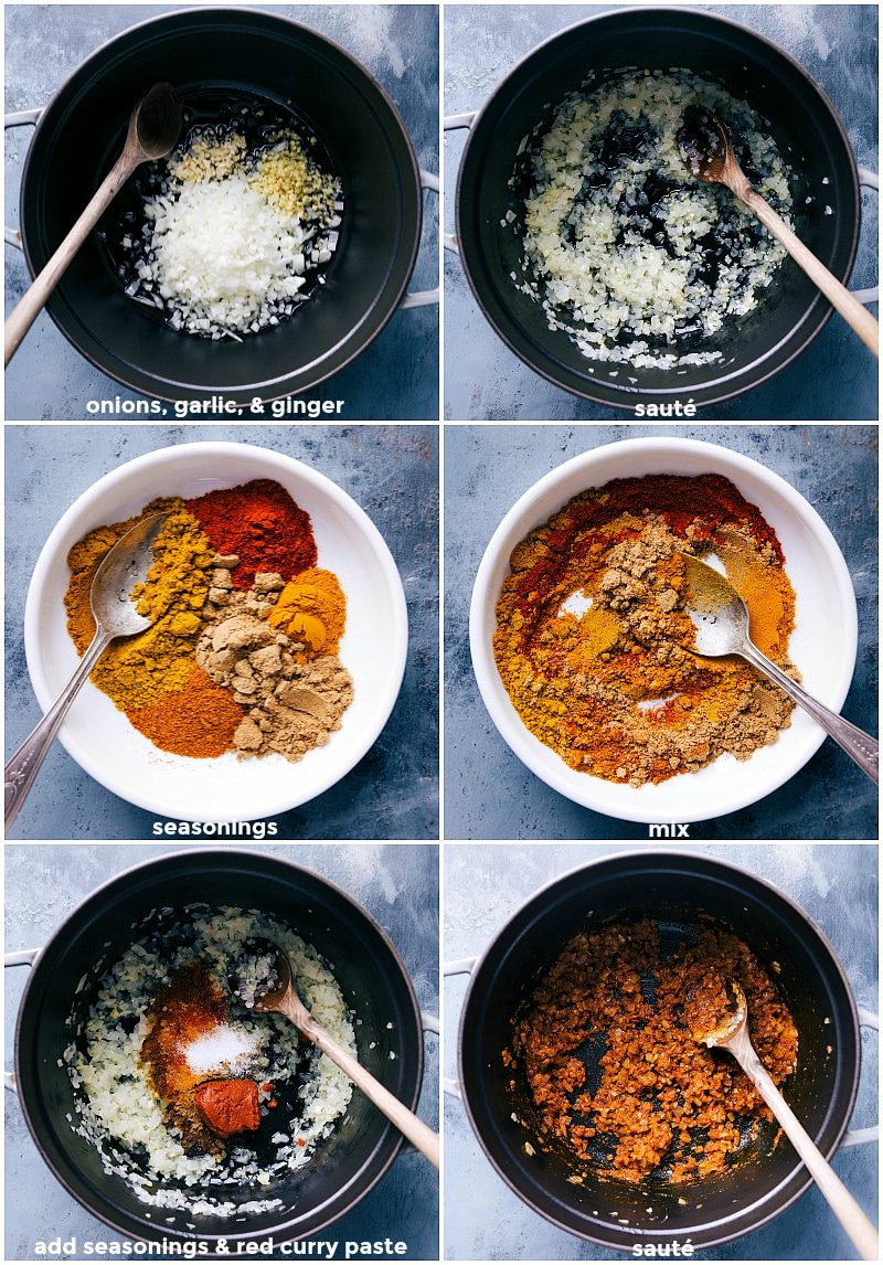 Preparing the vegetable curry recipe: sauteing aromatics, blending spices, and adding to the pan.