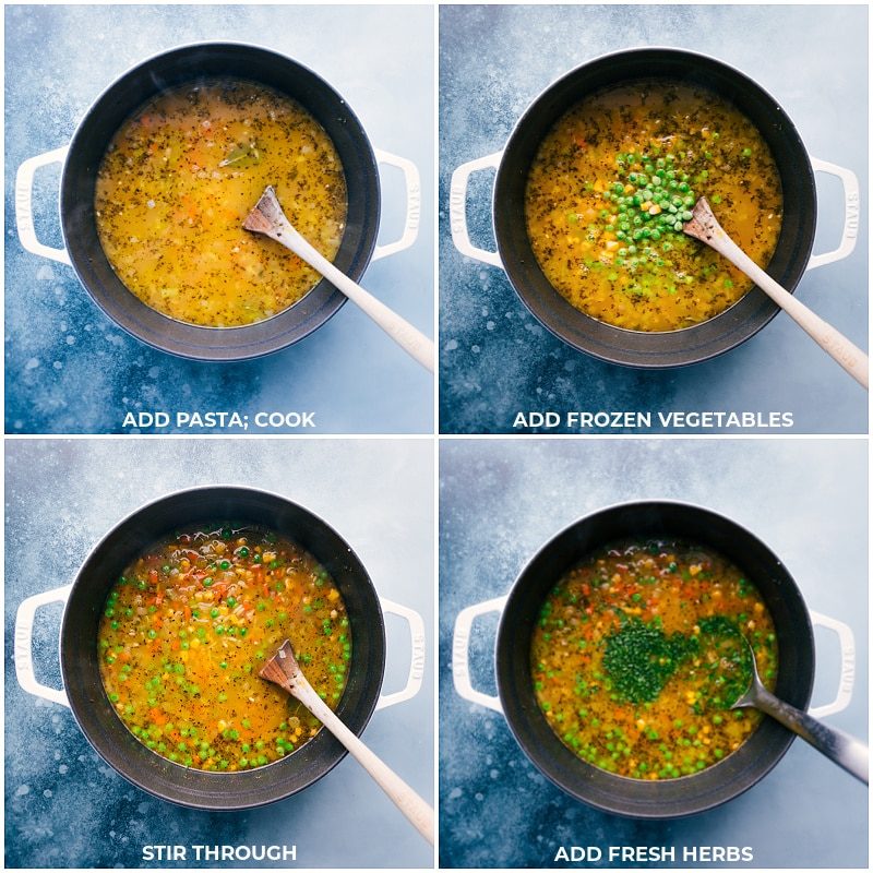 Process shots of the vegetable noodle soup: add pasta to the pan; add frozen vegetables; stir through; add fresh herbs