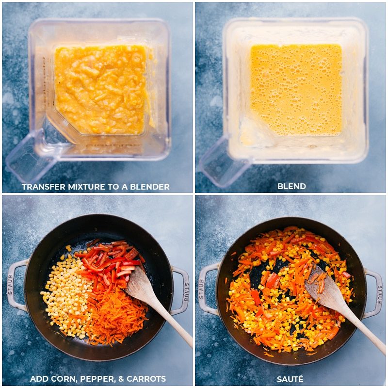 Transferring the mixture to a blender and then sautéing corn, peppers, and carrots.