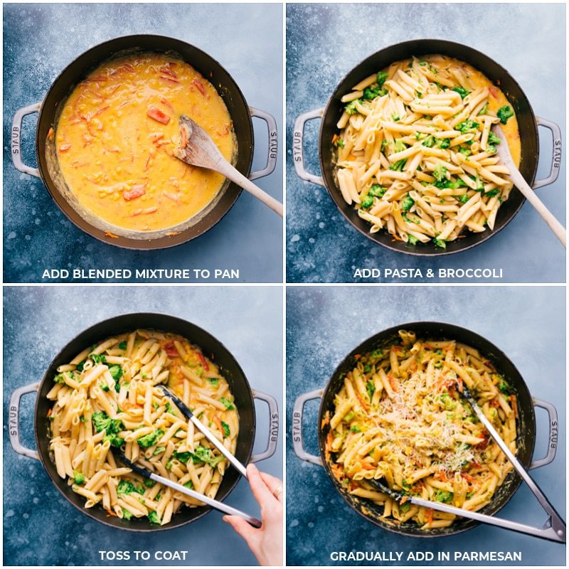 Adding the blended mixture back to the skillet and then adding drained pasta and broccoli to it all and tossing it all together for a creamy and satisfying vegetable pasta recipe
