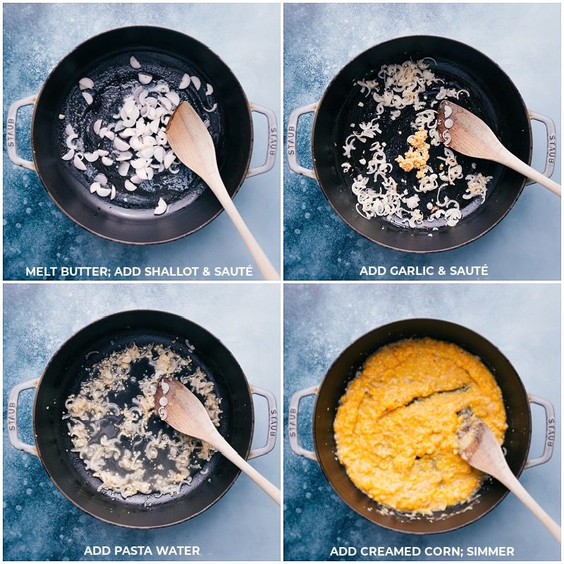 The butter, shallots, garlic, pasta water, and creamed corn being added to the skillet and being sautéed for this vegetable pasta recipe.