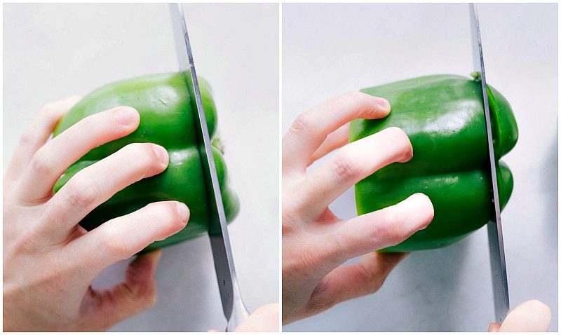 The bell peppers being chopped for this vegetarian fajita recipe.