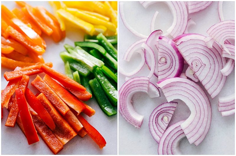 The peppers and onions cut.