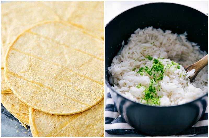 The tortillas set out and cilantro lime rice being made.