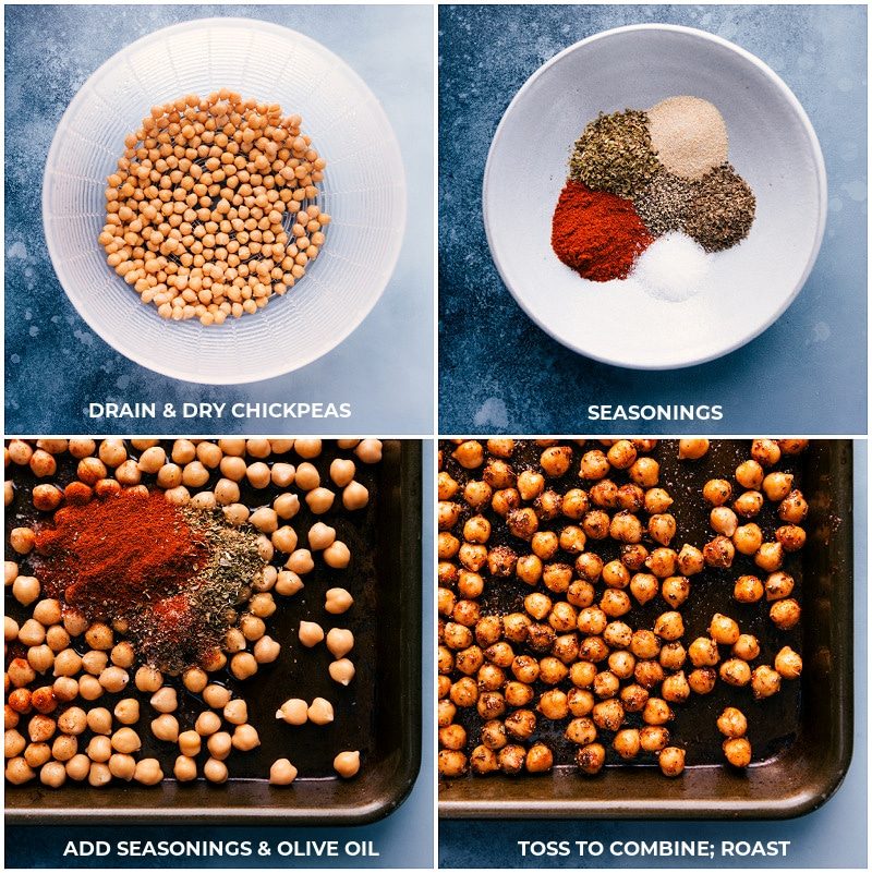 Process shots to make Vegetarian Gyros: Drain and dry garbanzos; combine seasonings; mix all on a baking sheet; roast.