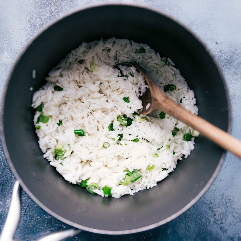 Fluffy coconut rice, a reliable addition to the vegetarian lettuce wrap recipe.