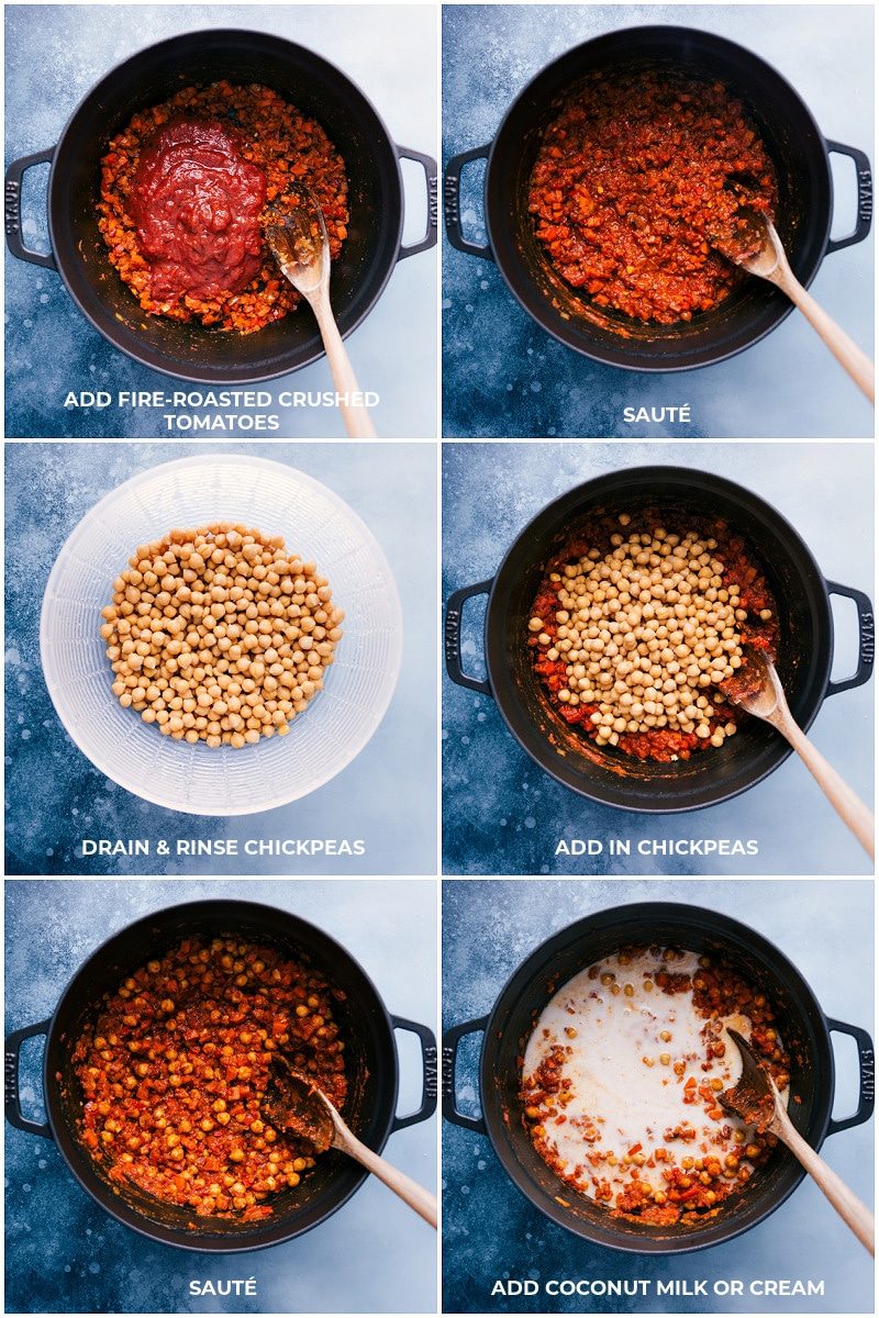 Tomatoes, chickpeas, and coconut milk being added and mixed together for this vegetarian tikka masala.