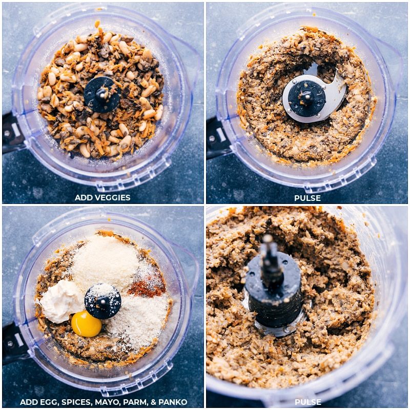 Ground cashews combined with veggies, pulsed, then mixed with eggs, spices, mayo, cheese, and panko before pulsing again to make veggie burgers.