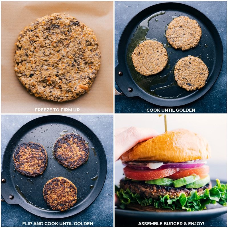 Freeze veggie burgers to firm up, cook until the edges turn golden, flip, and finish cooking. Assemble with your favorite toppings.