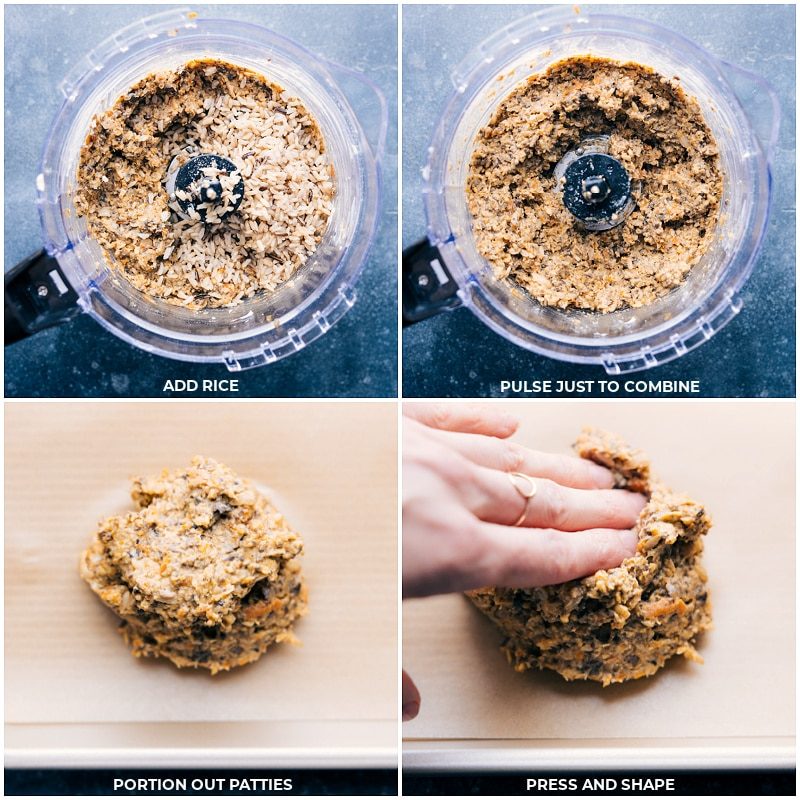 Rice added to the food processor, pulsed, then portioned into patties, pressed, and shaped.