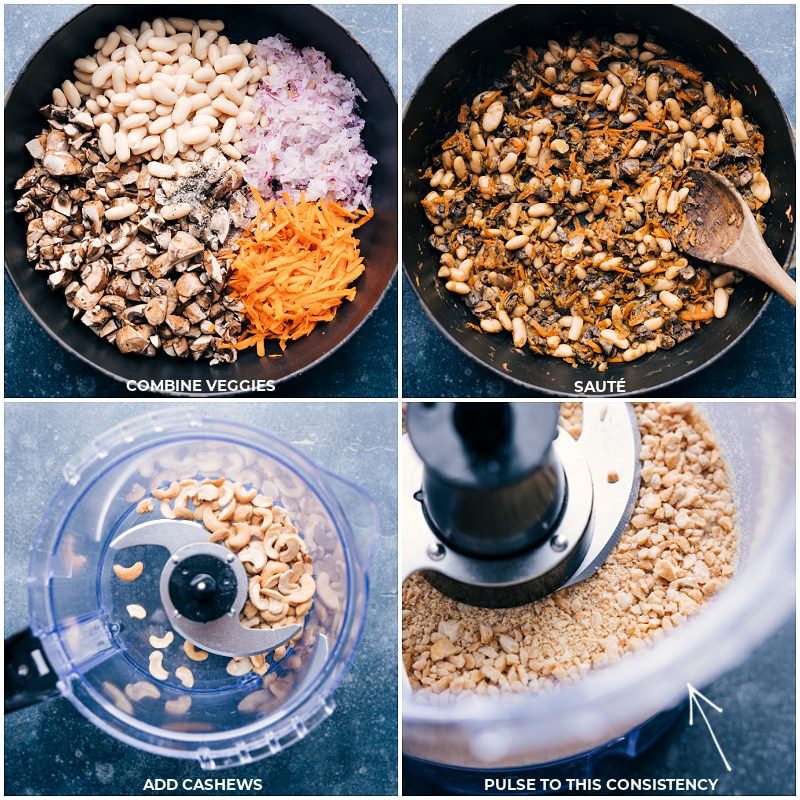 Sautéed veggies and beans in a skillet, with cashews being pulsed in a food processor.