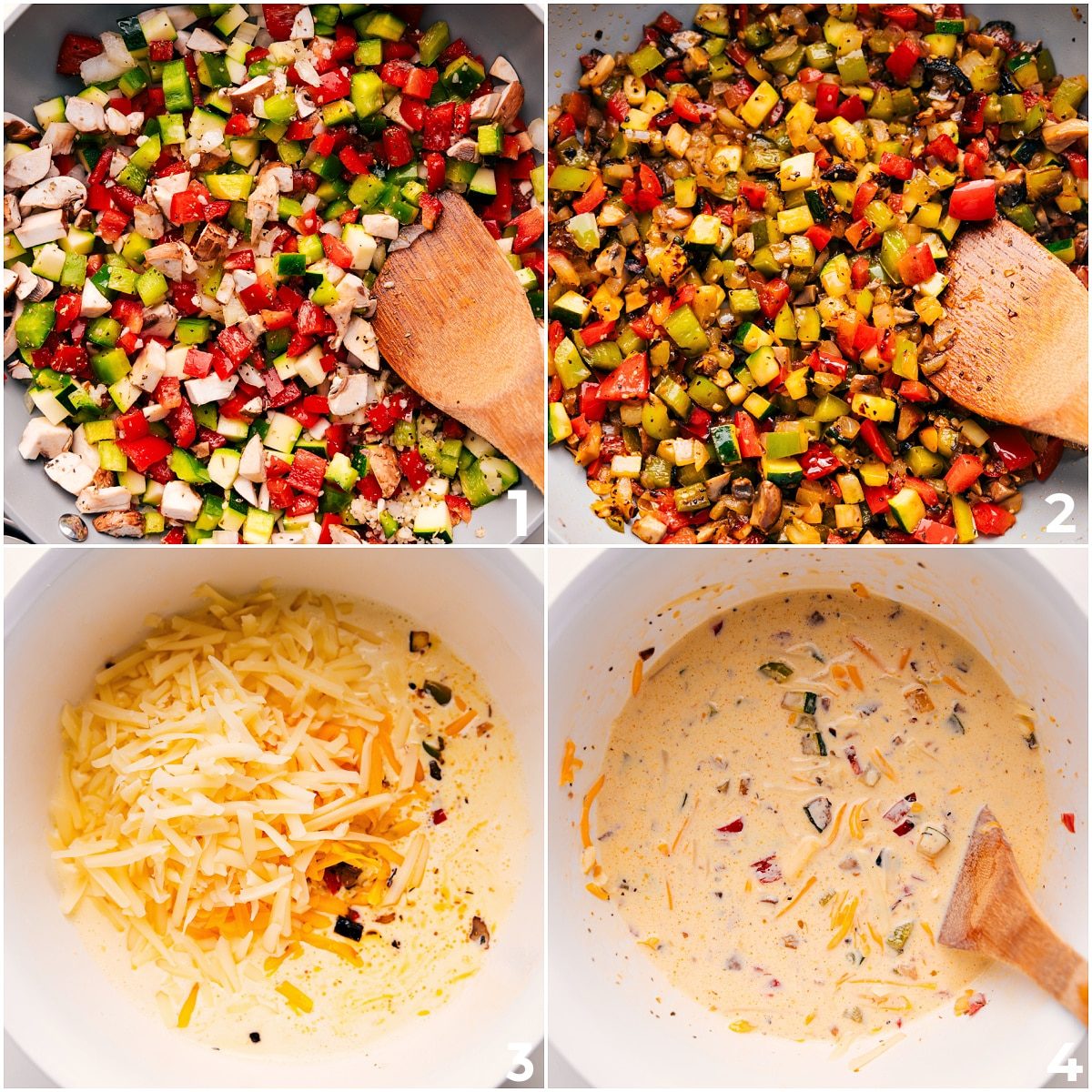 The sautéed veggies being added into the egg and cheese mixture for this veggie quiche recipe.