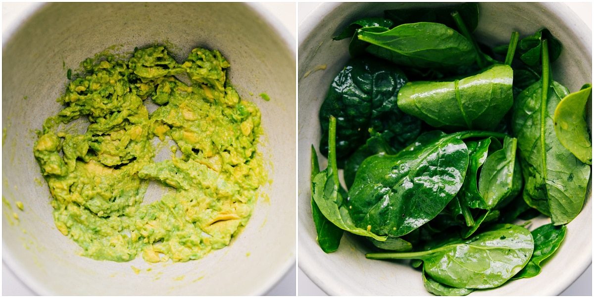 The avocado being mashed and spinach being tossed with dressing.