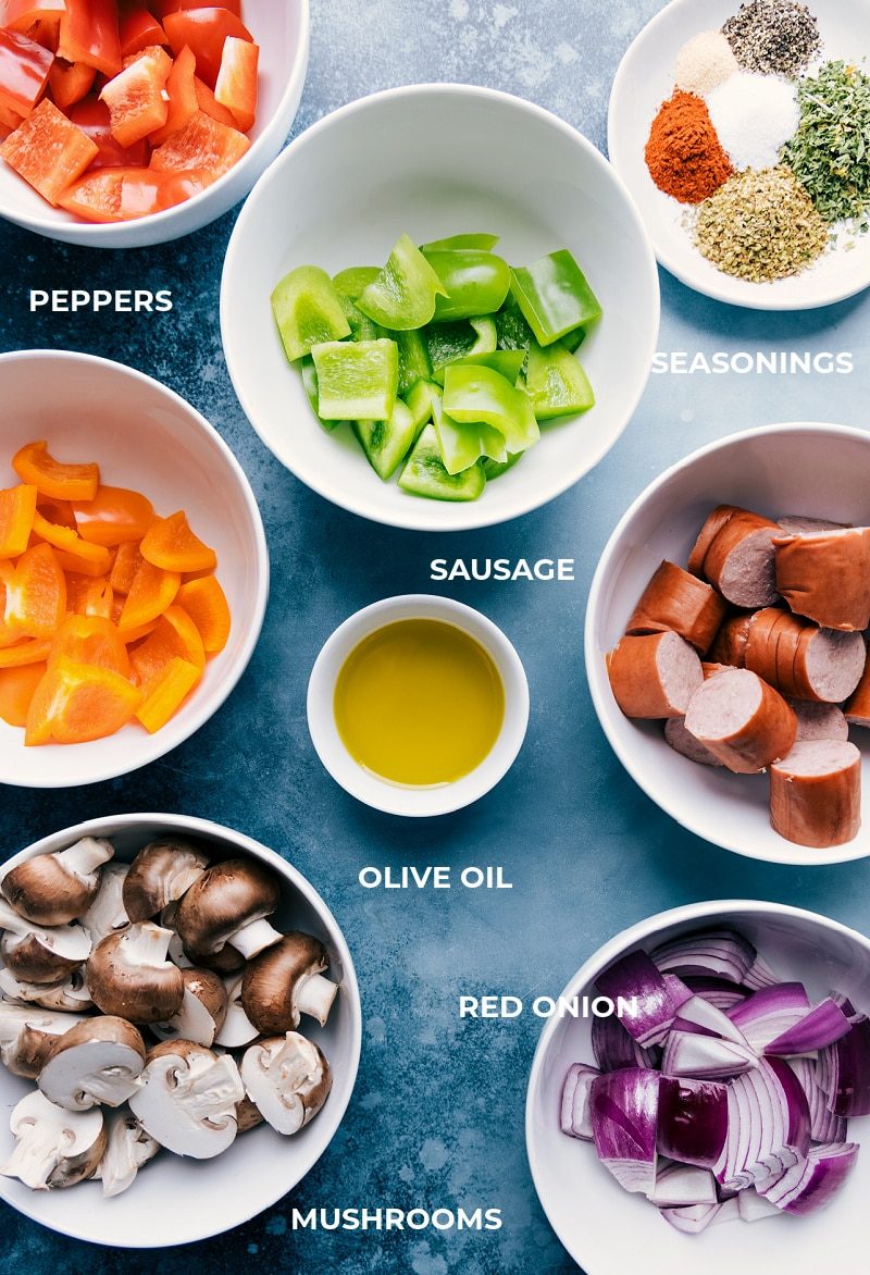 Ingredient shot-- images of all the ingredients that go on these sausage kabobs