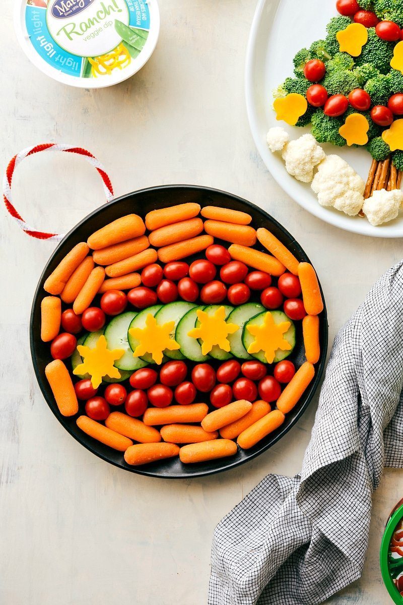 Vegetables arranged to resemble a holiday ornament.