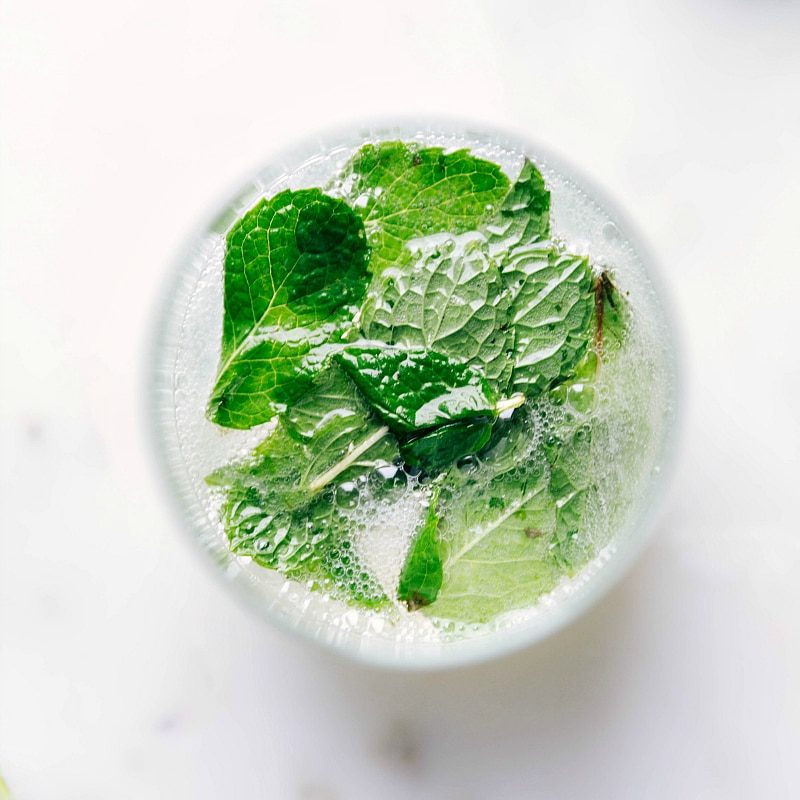 The finished virgin mojito cocktail recipe, ready to be enjoyed, presented in a tall glass with fresh mint and lime slices.