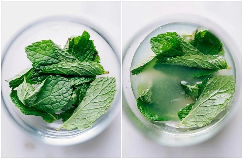 Fresh mint leaves being added to the virgin mojito recipe, enhancing the drink's aroma and flavor.