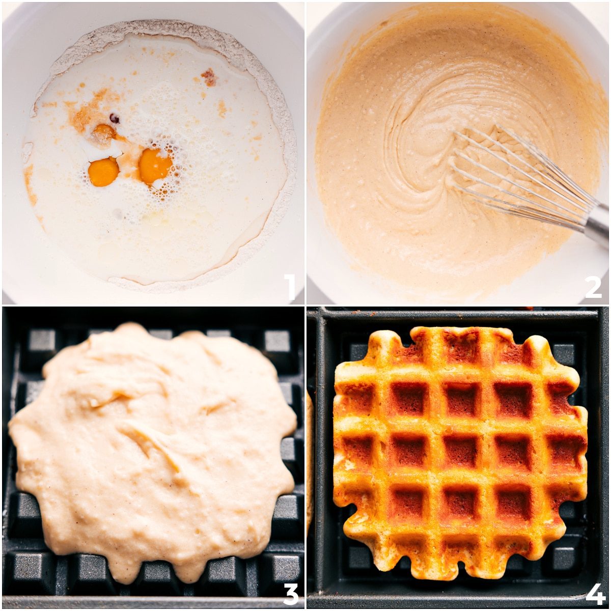 All the batter ingredients for this waffle recipe mixed into one bowl and then poured into the waffle pan to cook.