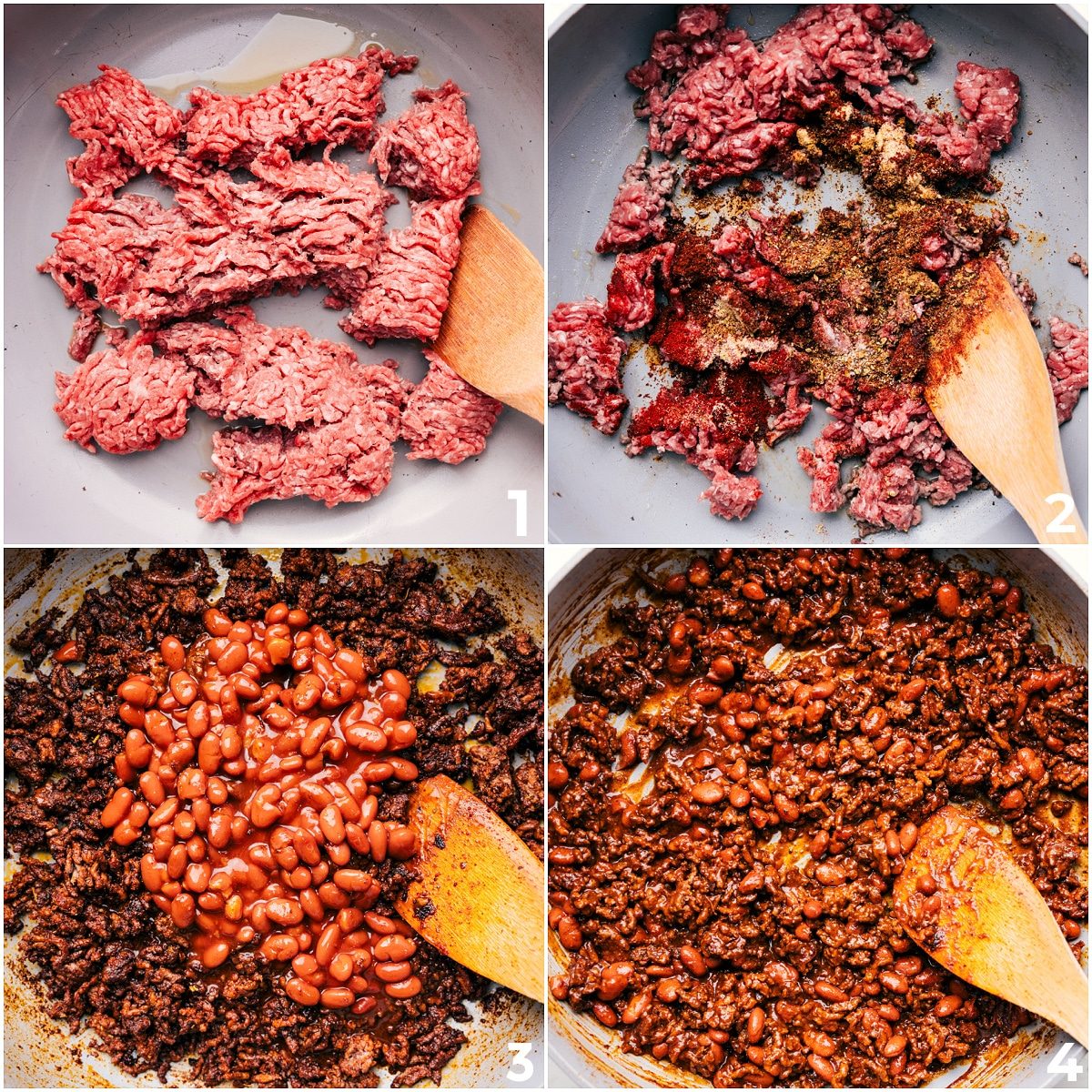 Ground beef being browned with seasonings, then mixed with chili beans to create the saucy meat mixture for this walking taco recipe.