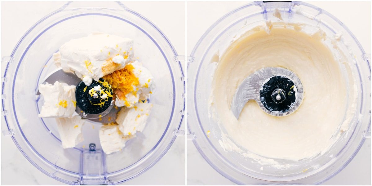 The whipped feta recipe ingredients added to a food processor and blended to a smooth consistency.