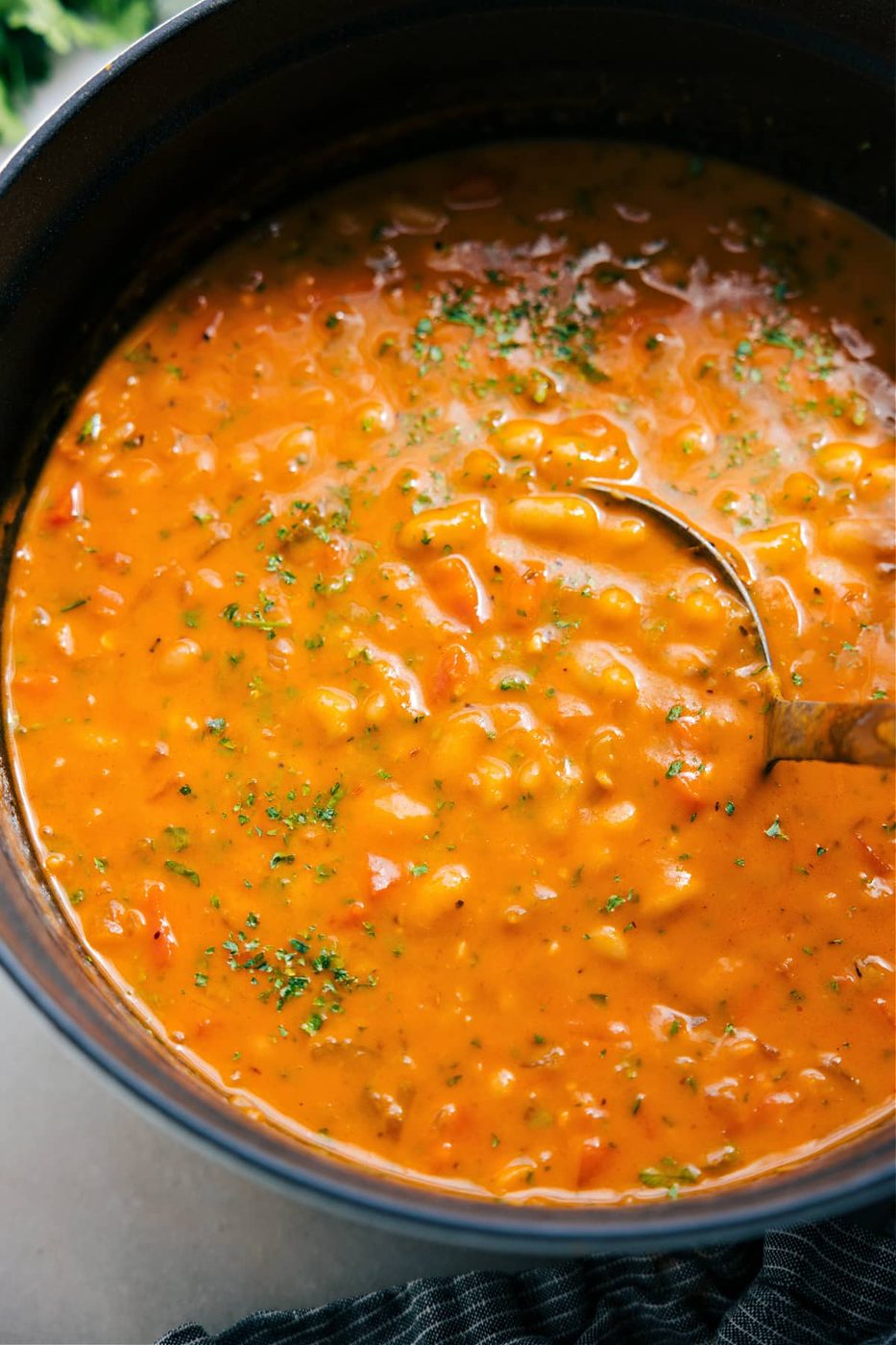 Freshly made white bean soup in a pot with a ladle.