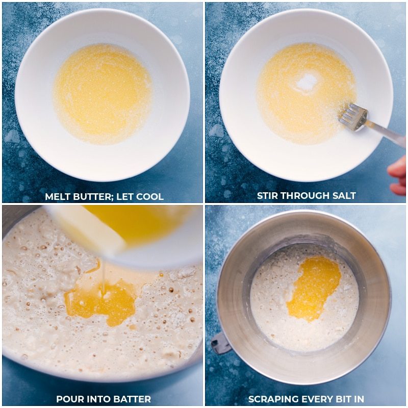 Process shots-- melt the butter and allow to cool; mix in the salt; pour this mixture into the batter.