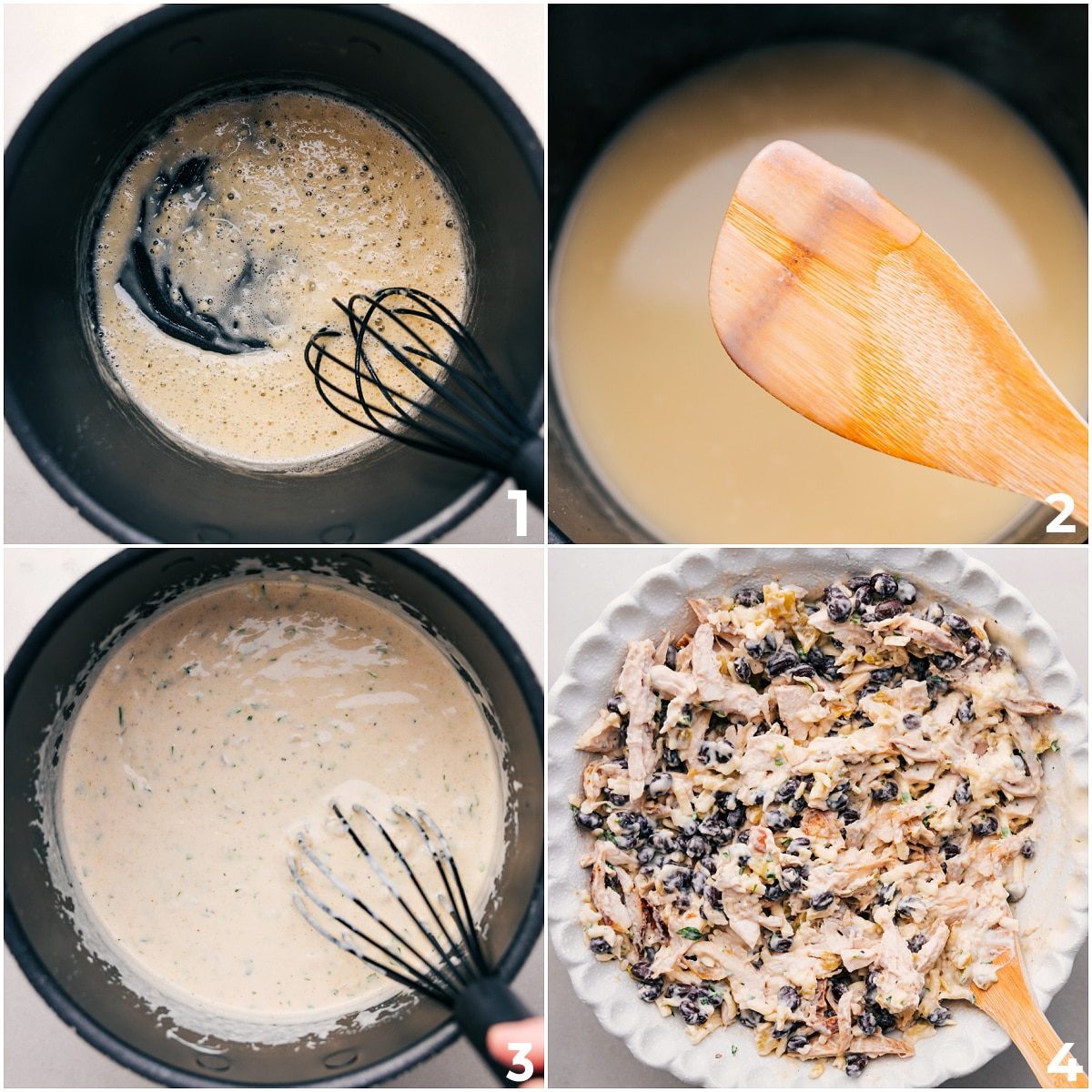 The creamy enchilada sauce getting whisked together, then poured over the chicken, beans, and other ingredients to make the filling for these White Chicken Enchiladas.