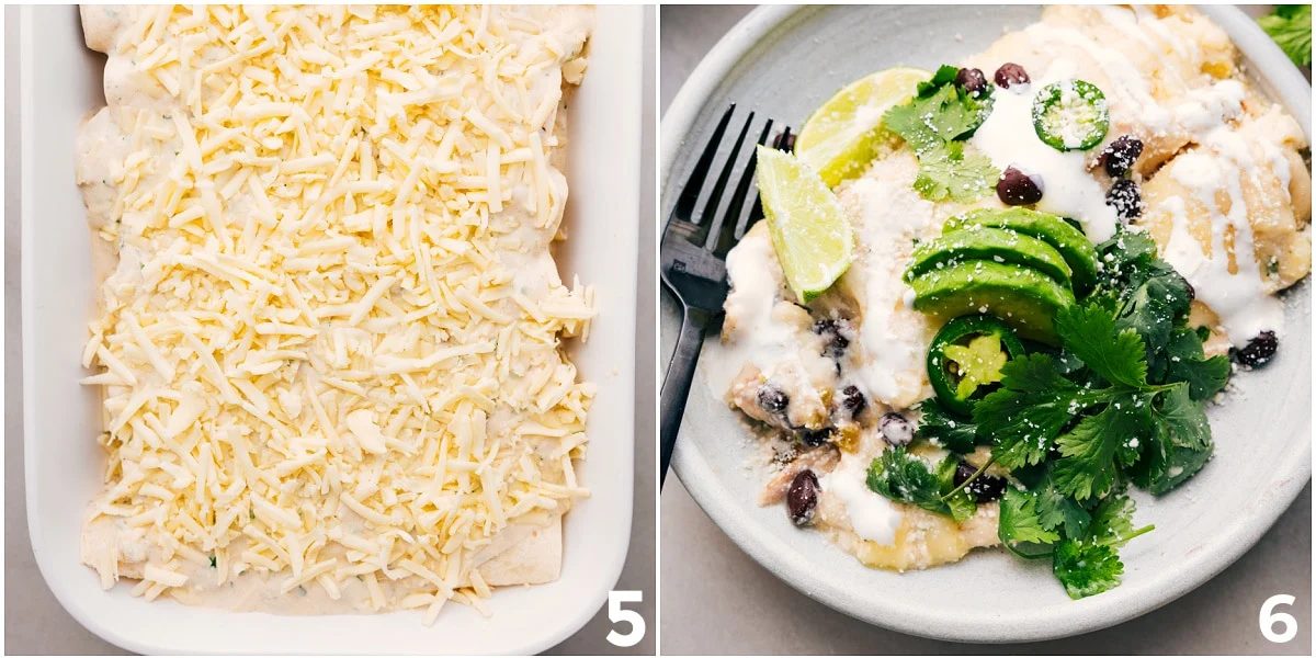The dish is topped with cheese, baked until the edges turn golden, then served with fresh cilantro, avocado, and lime wedges.