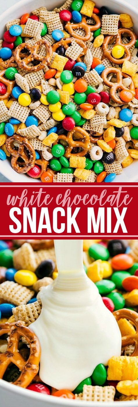 The BEST white chocolate snack mix -- cereal, pretzels, and M&M's all coated in white chocolate. | flexfa.com