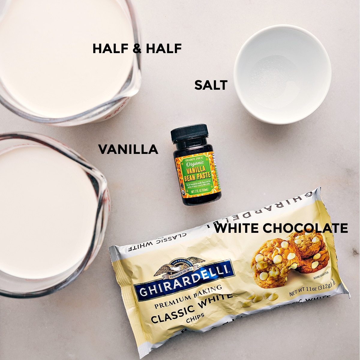All the ingredients for making the satisfying drink, including vanilla, half and half, salt, and more, laid out and ready for use.
