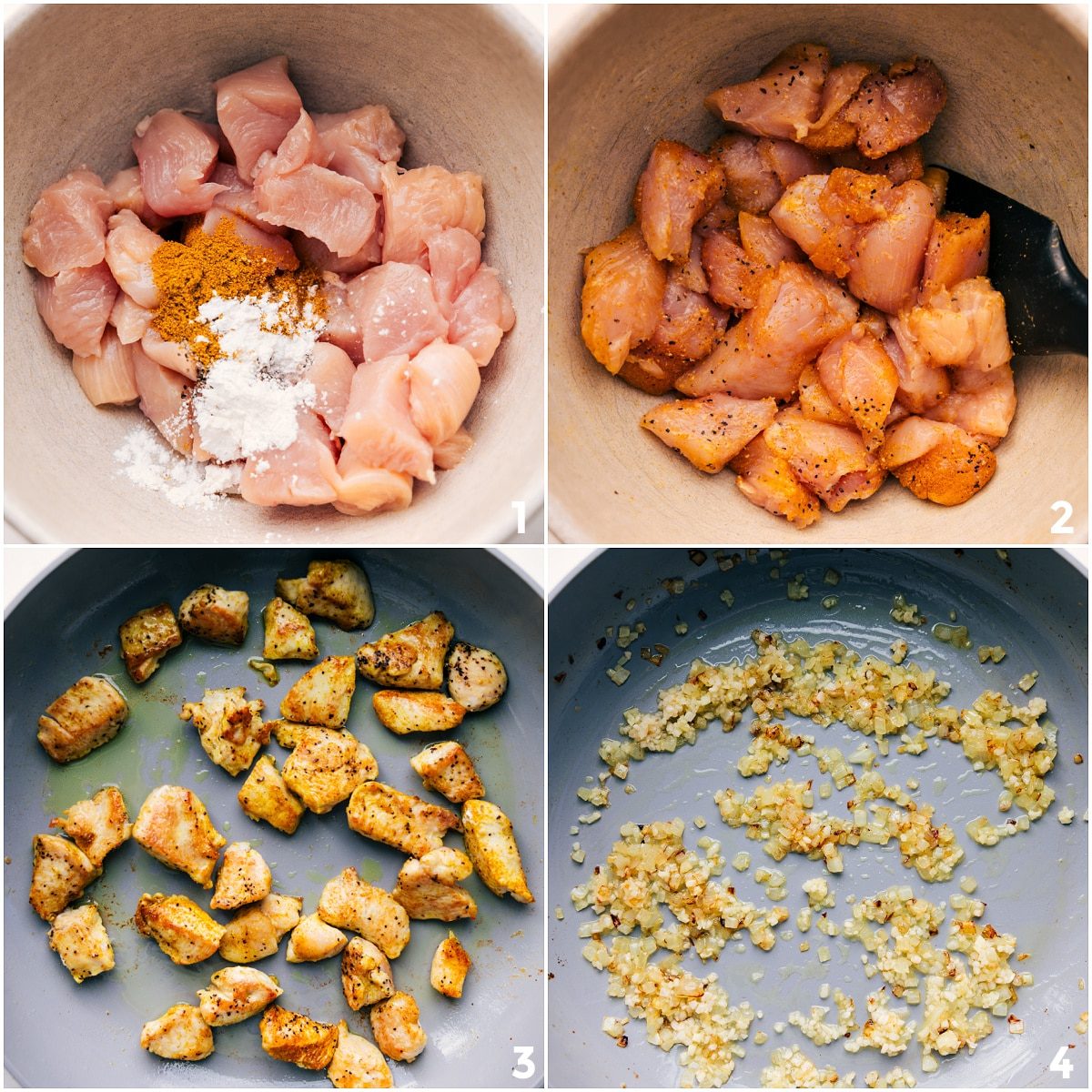 The chicken tossed with the spices and then cooked in a skillet for this yellow chicken curry.