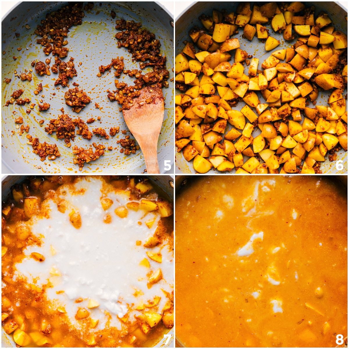 The aromatics being toasted and then potatoes added and stock and coconut milk added to the skillet.