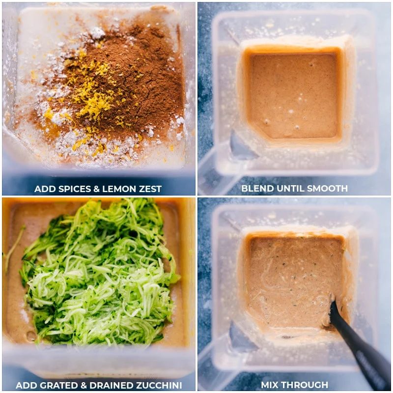 Process shots of Zucchini Cake-- images of the spices, lemon zest, and grated zucchini being added to the blender and all being blended together
