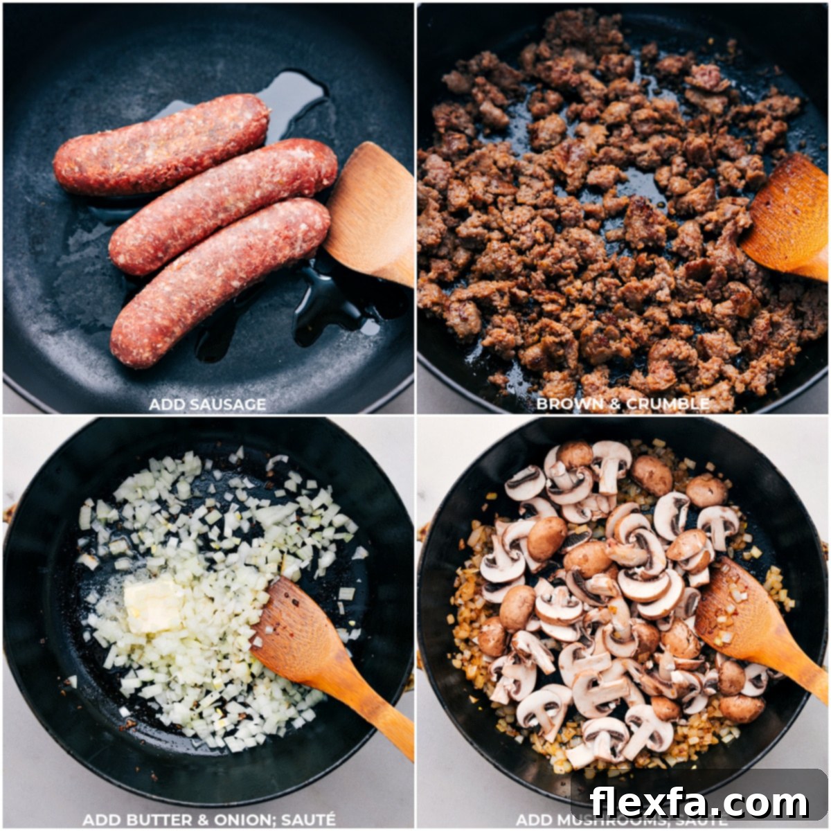 Italian sausage being browned in a skillet, followed by the addition of butter, diced onion, and sliced mushrooms for the Sausage Tortellini Bake.