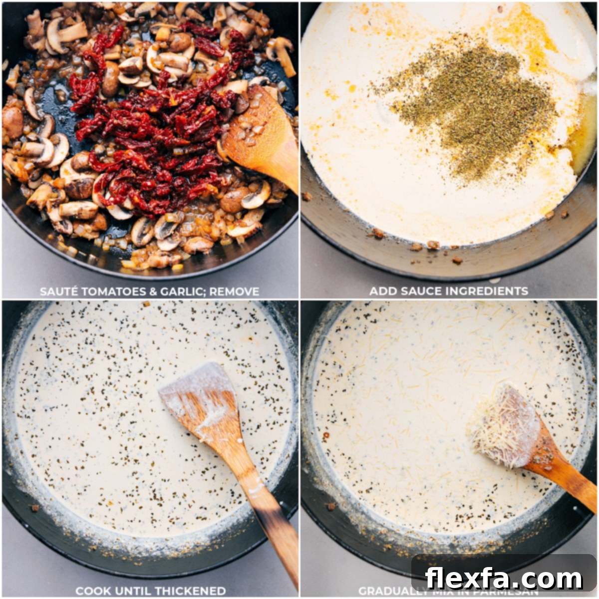 Sun-dried tomatoes, minced garlic, and creamy sauce ingredients being added and stirred in a pot for the Sausage Tortellini Bake.