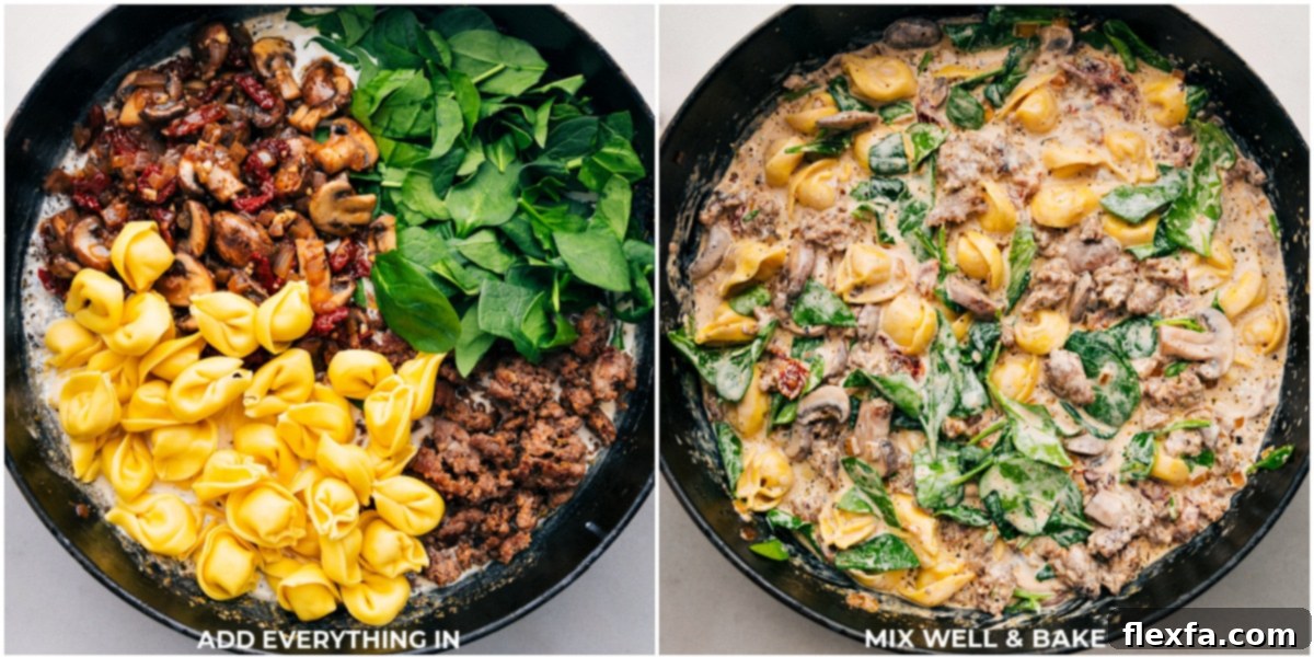 All the components—sausage, vegetables, tortellini, and spinach—being added to the pot and mixed together thoroughly for this Sausage Tortellini Bake.