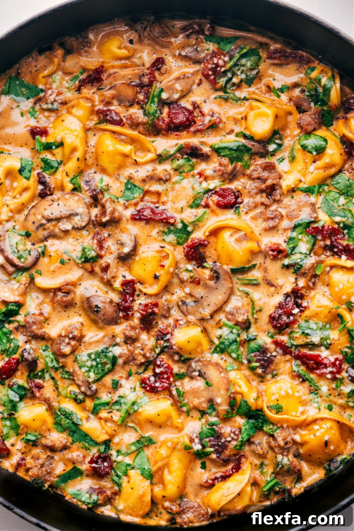 Sausage Tortellini Bake, perfectly golden and bubbly, ready to be enjoyed straight from the oven.