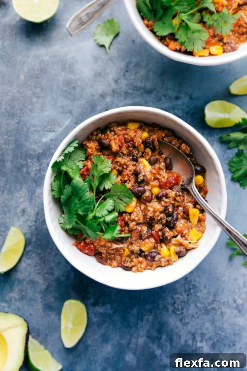 Crockpot quinoa chili topped with fresh cilantro ready to eat.