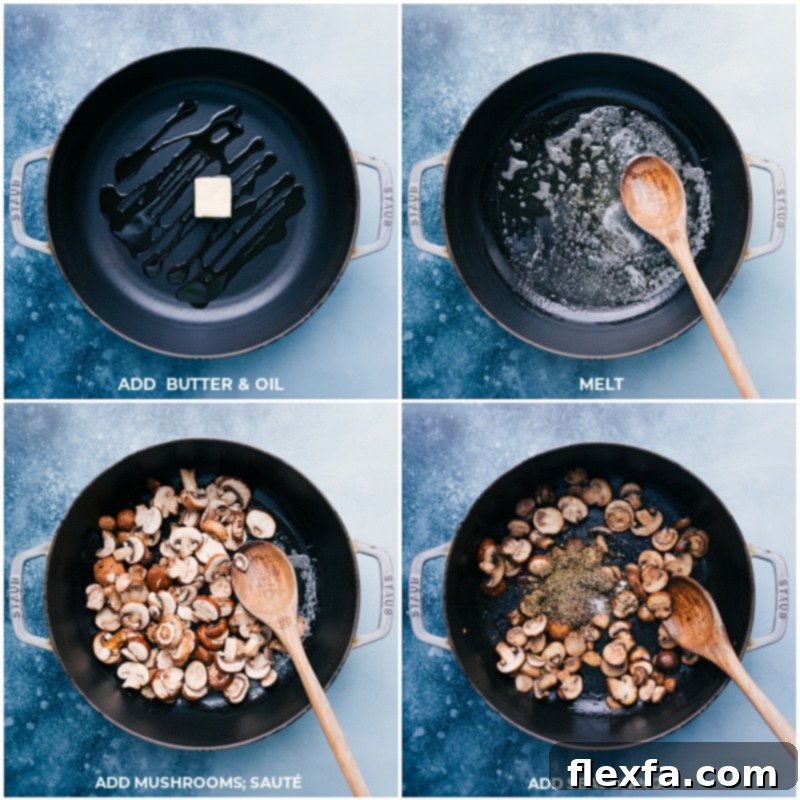 Unsalted butter and olive oil melting in a large skillet, followed by sliced mushrooms sautéing with Italian seasoning, salt, and pepper, beginning to turn golden brown.