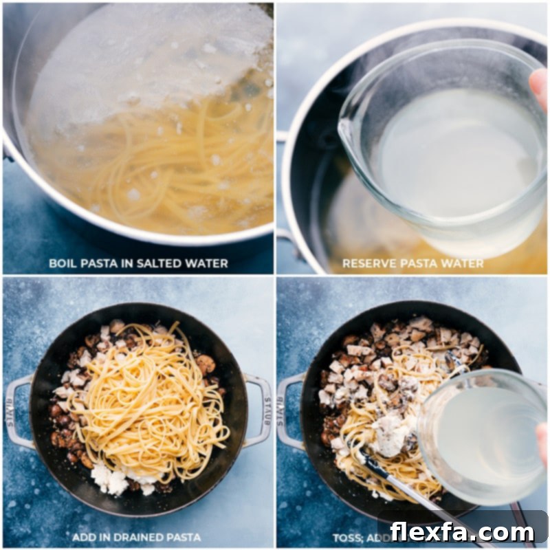 Fettuccine pasta boiling in a large pot, then being added to a skillet with the creamy sauce, along with reserved pasta water to achieve the perfect consistency for creamy chicken pasta.