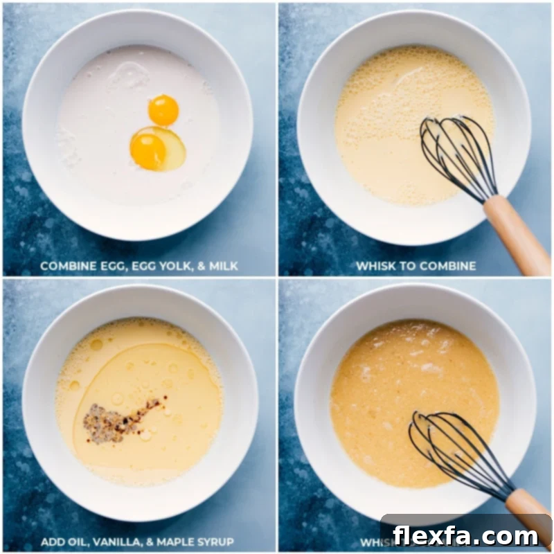 Process shots: A close-up image of a person whisking liquid ingredients together in a large mixing bowl, illustrating an early step in the baked oatmeal preparation.