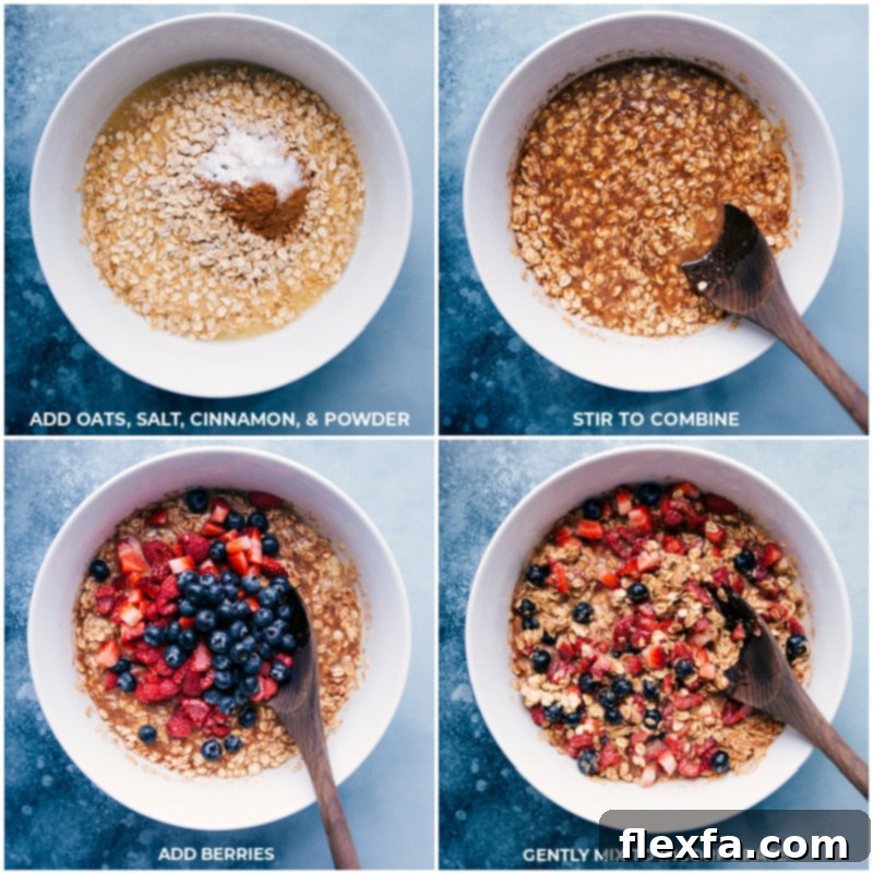 Process shots: A mixing bowl with liquid ingredients, and dry ingredients along with fresh berries being added, illustrating the combining step for baked oatmeal.