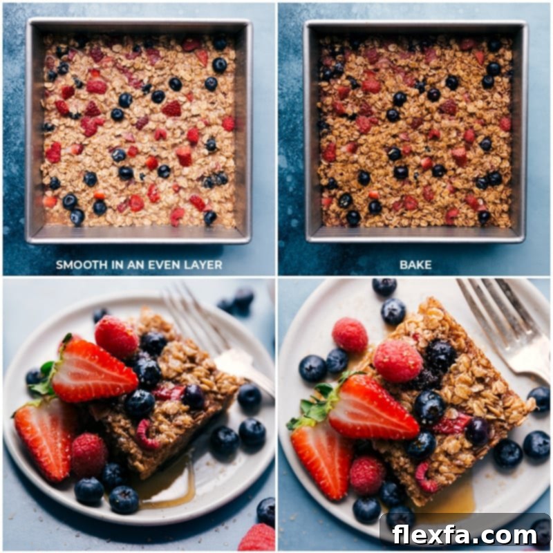 Process shots: A baking pan filled with unbaked oatmeal batter, and a serving of baked oatmeal with a spoon, showing the preparation and final product.