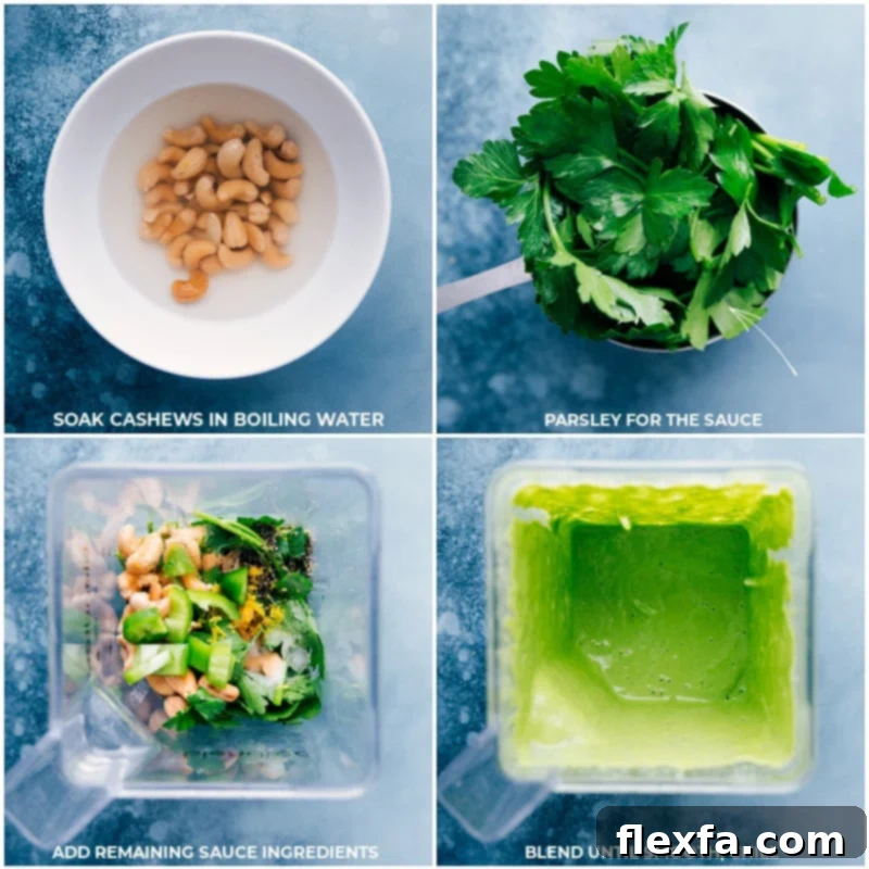 Process shot showing the creamy lemon-herb cashew sauce being blended, highlighting its smooth and rich texture.
