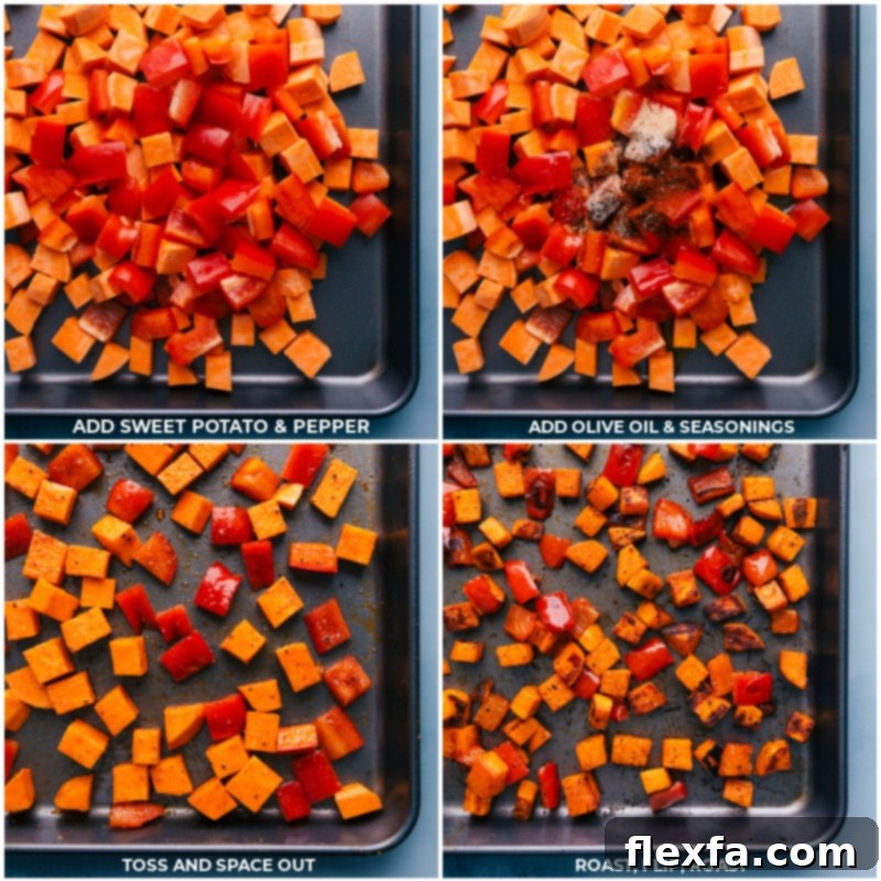 Process shot of sweet potatoes and red bell peppers tossed with olive oil and spices, ready for roasting on a large sheet pan.